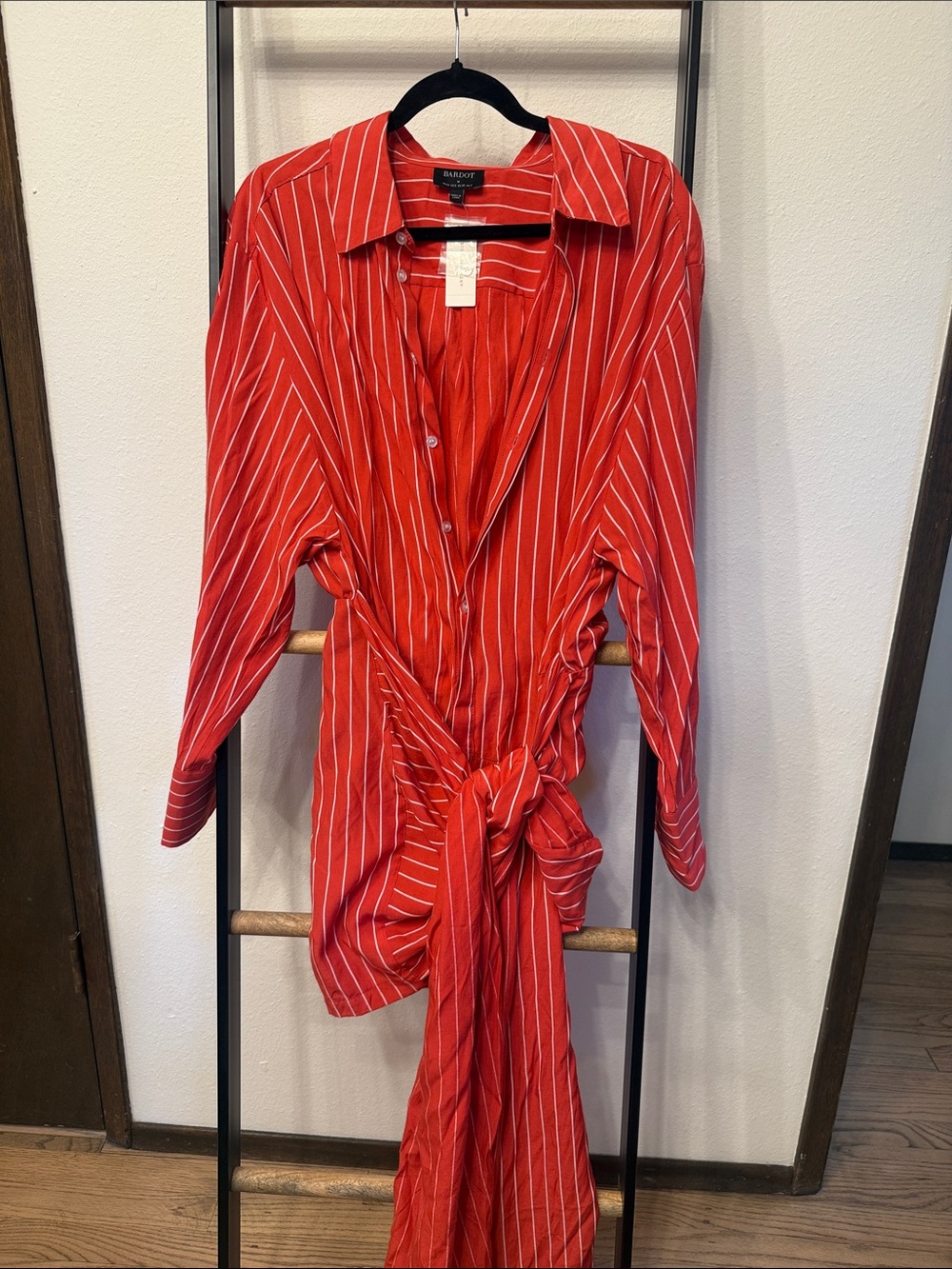 Bardot Red Pinstripe Tie-Waist Button Down Shirt Dress